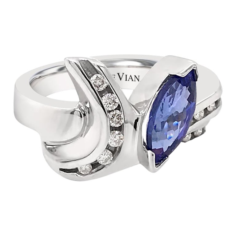 LeVian 18K White Gold Marquise Tanzanite Round Diamond Classic Cocktail Ring For Sale