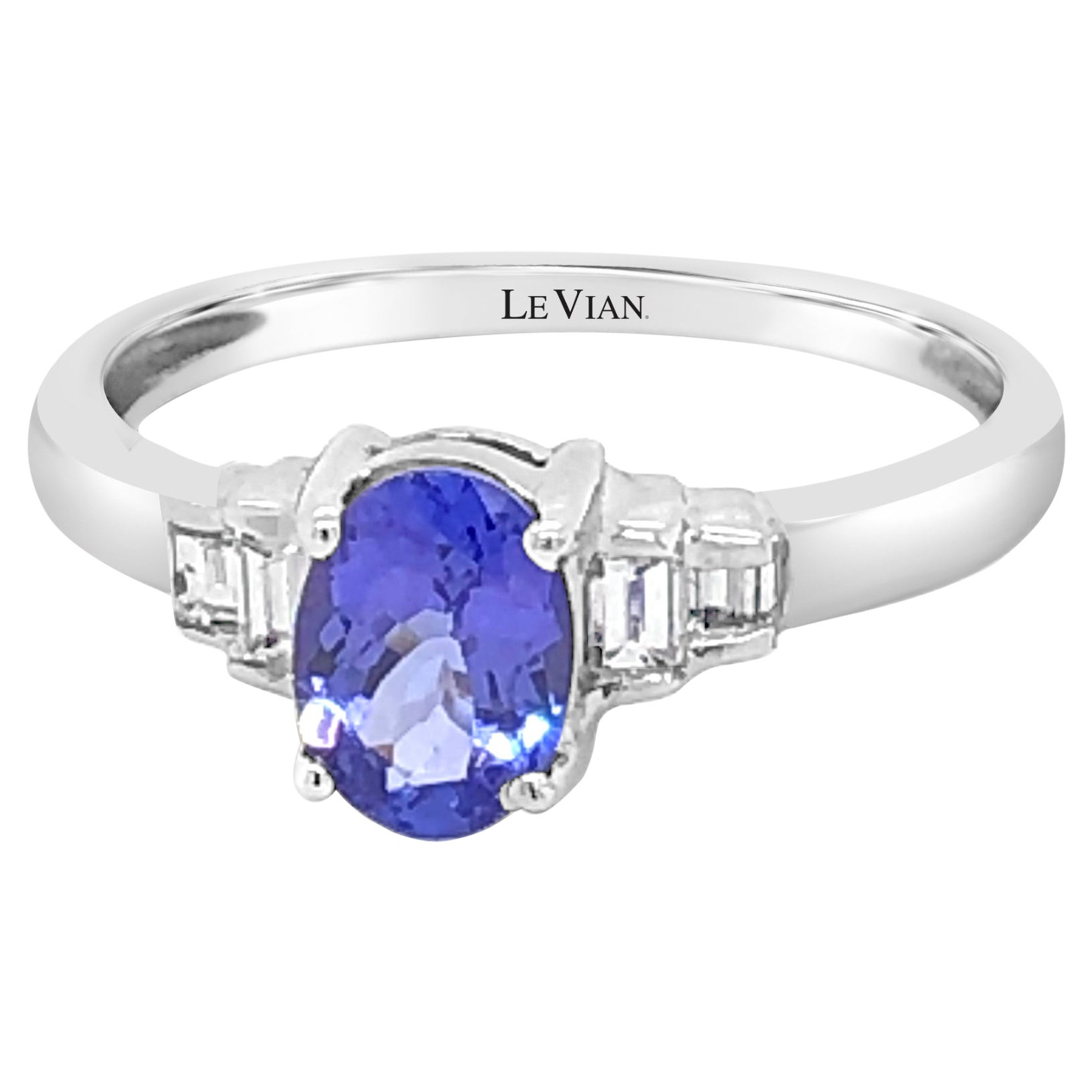 LeVian 14K White Gold Blue Tanzanite Gemstone Baguette Diamond Cocktail Ring For Sale
