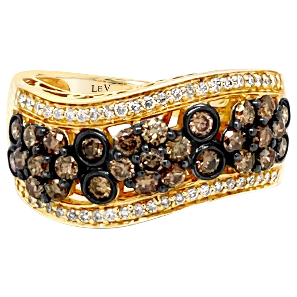 LeVian 14K Yellow Gold Round Chocolate Brown Diamond Bezel Cluster Cocktail Ring For Sale