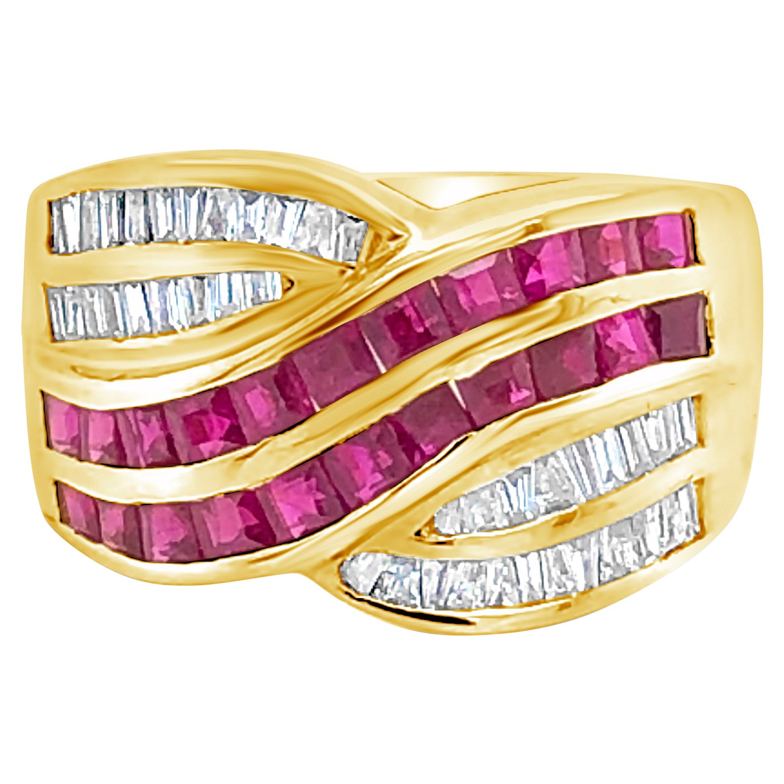 LeVian 18K Yellow Gold Red Pink Ruby Baguette Diamond Crossover Cocktail Ring