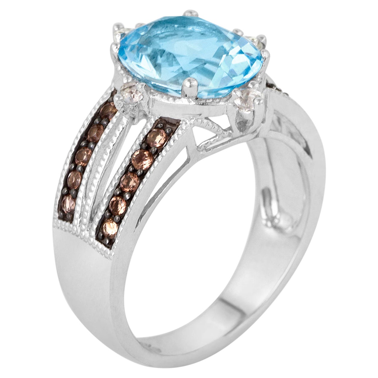 LeVian Bague cocktail en or blanc 14 carats avec topaze bleu ciel et quartz fumé, pierre précieuse classique