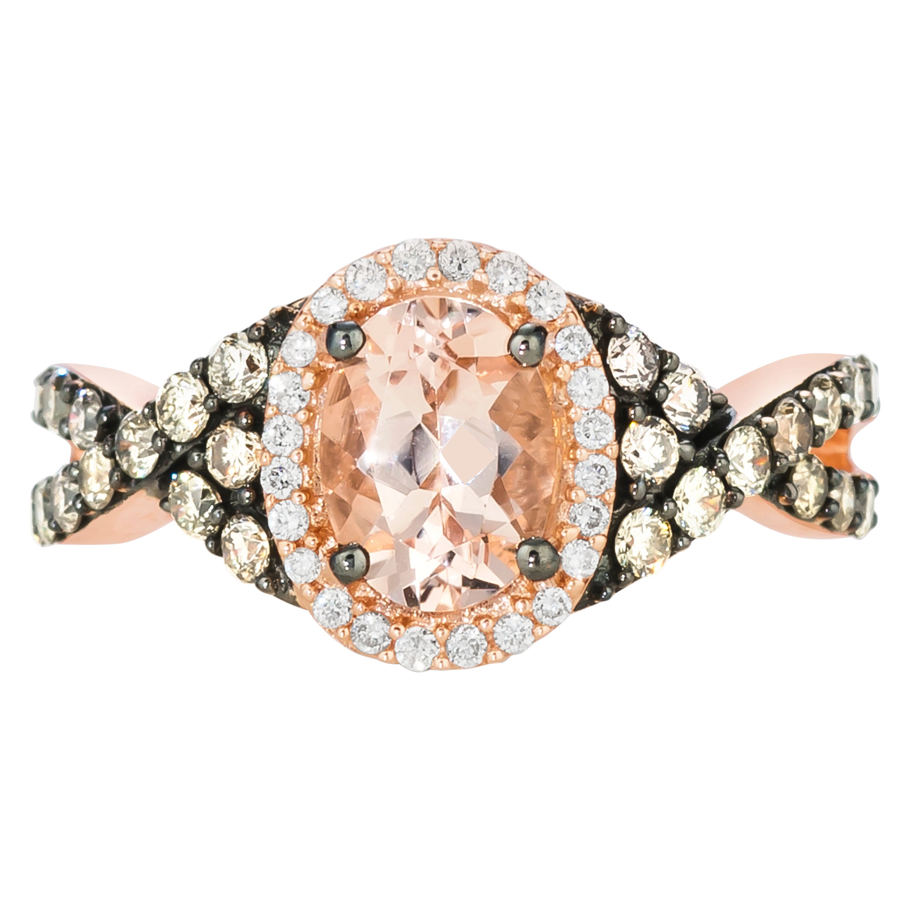 LeVian 14K Rose Gold Morganite Round Chocolate Brown Diamond Bridal Halo Ring For Sale