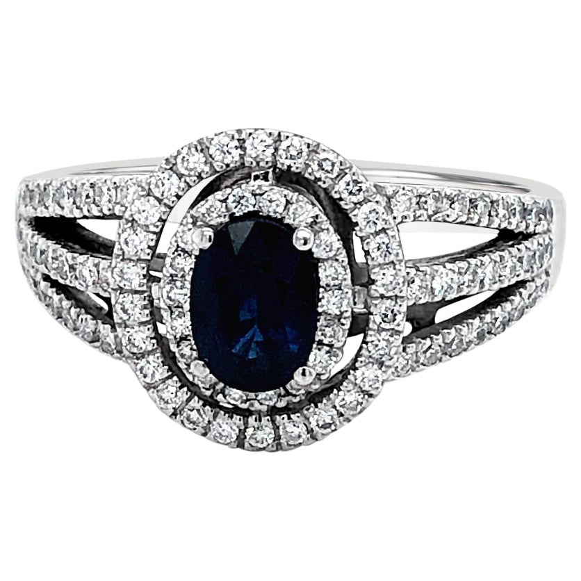 LeVian 14K White Gold Blue Sapphire Round Diamond Double Halo Cocktail Ring