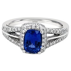 LeVian 14K White Gold Ceylon Sapphire Round Diamond Classic Halo Cocktail Ring