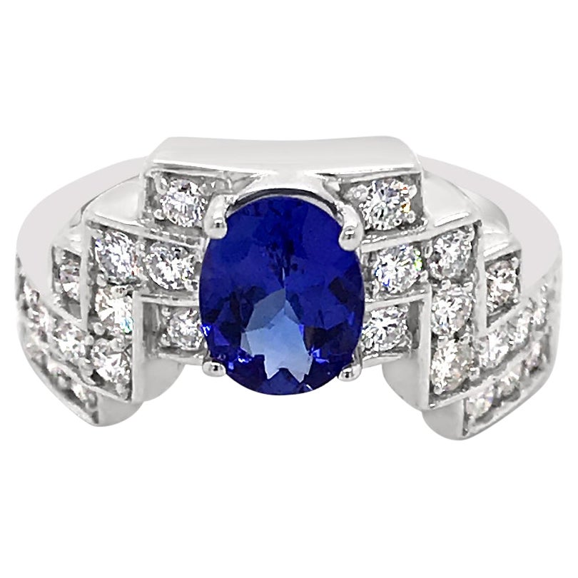 LeVian 14K White Gold Blue Tanzanite Round Diamond Staircase Cocktail Ring For Sale