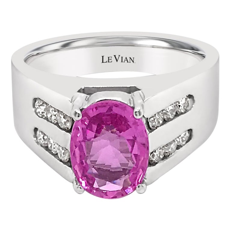LeVian 14K White Gold Pink Sapphire Round Diamond Multi Row Fancy Cocktail Ring For Sale