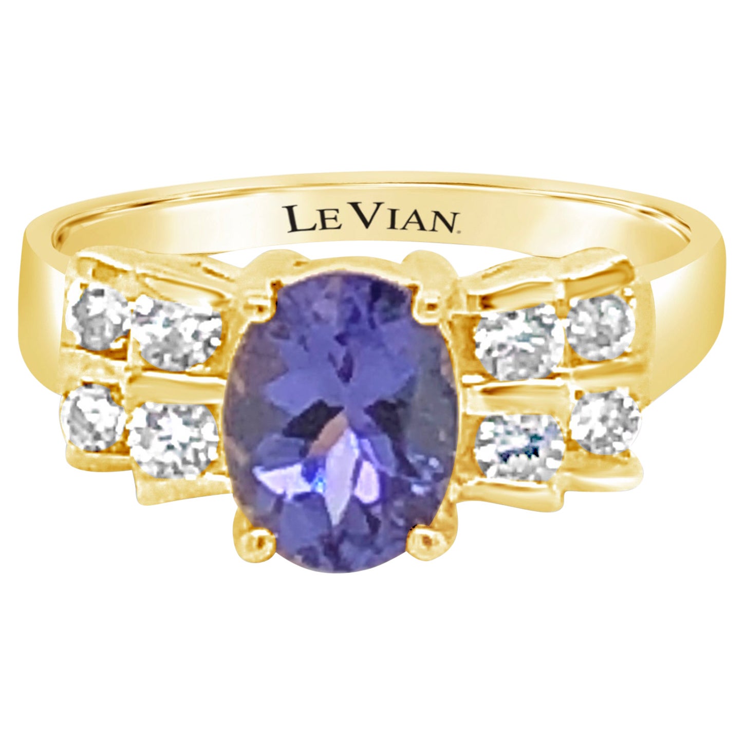 LeVian 14K Yellow Gold Tanzanite Round Diamond Multi Row Fancy Cocktail Ring For Sale