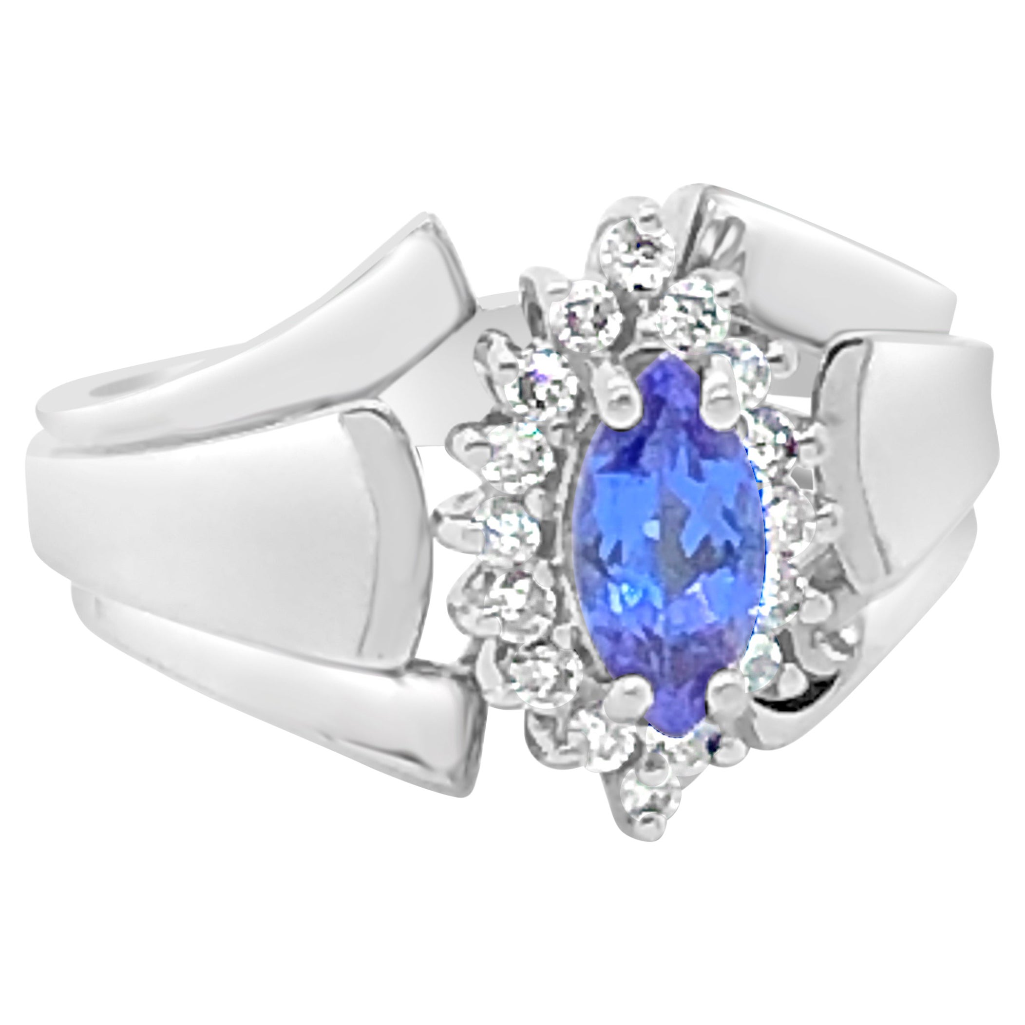 LeVian 14K White Gold Marquise Tanzanite Round Diamond Fancy Halo Cocktail Ring For Sale