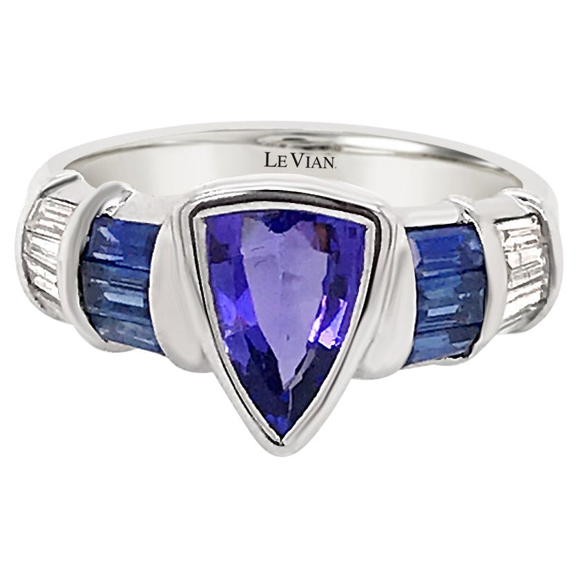 LeVian 18K White Gold Blue Tanzanite Sapphire Baguette Diamond Cocktail Ring For Sale