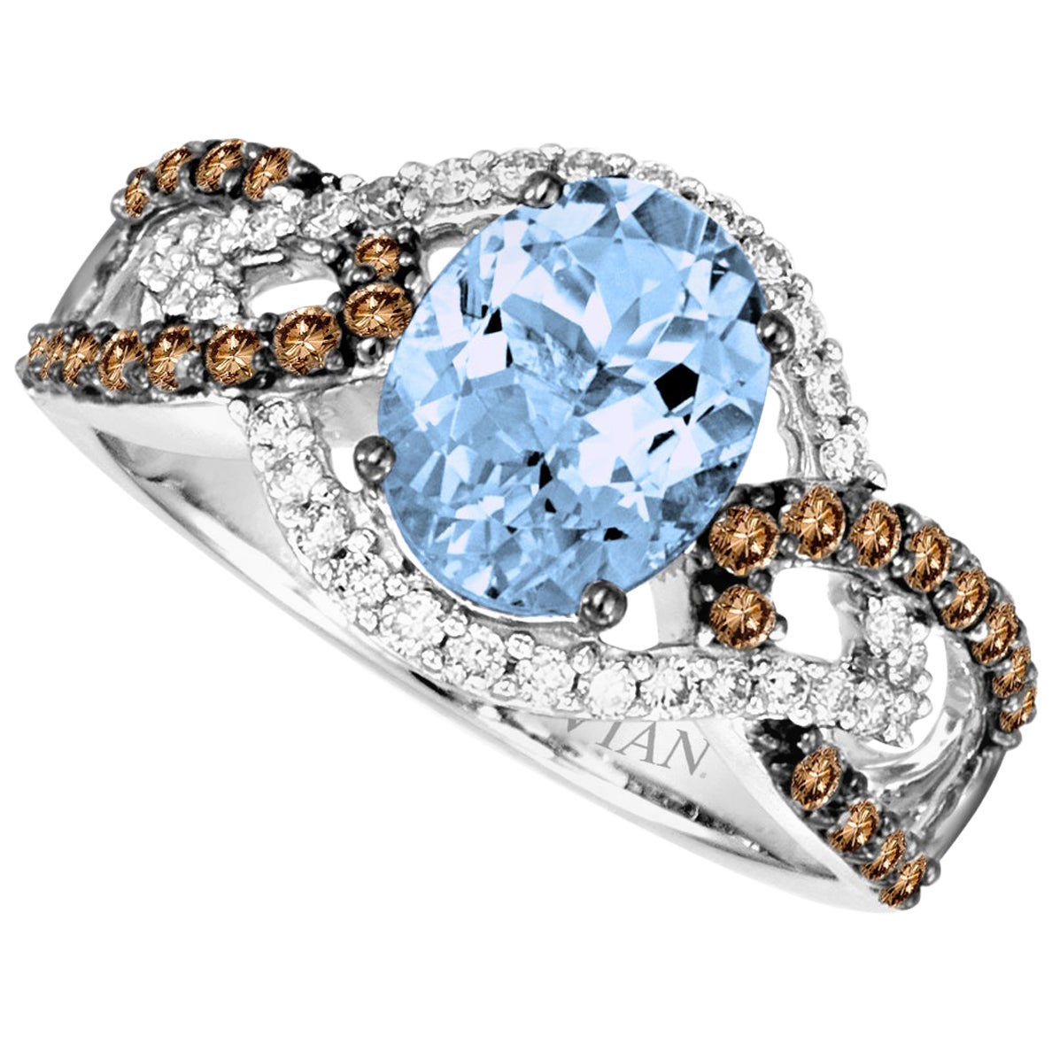 LeVian 14K White Gold Aquamarine Round Brown Diamond Beautiful Split Shank Ring For Sale