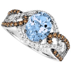 LeVian: Schöner geteilter Ring, 14 Karat Weißgold, Aquamarin, runder brauner Diamant