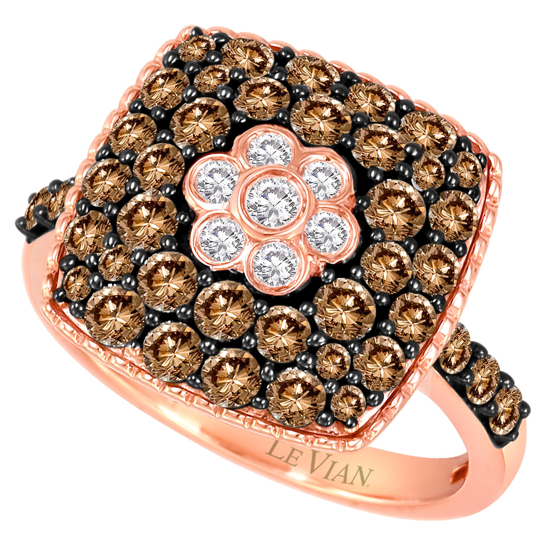 LeVian 14K Rose Gold Round Brown Chocolate Diamonds Beautiful Fancy Cluster Ring For Sale