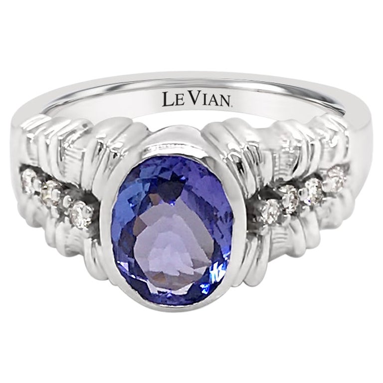 LeVian 14K White Gold Oval Blue Tanzanite Gemstone Round Diamond Cocktail Ring For Sale