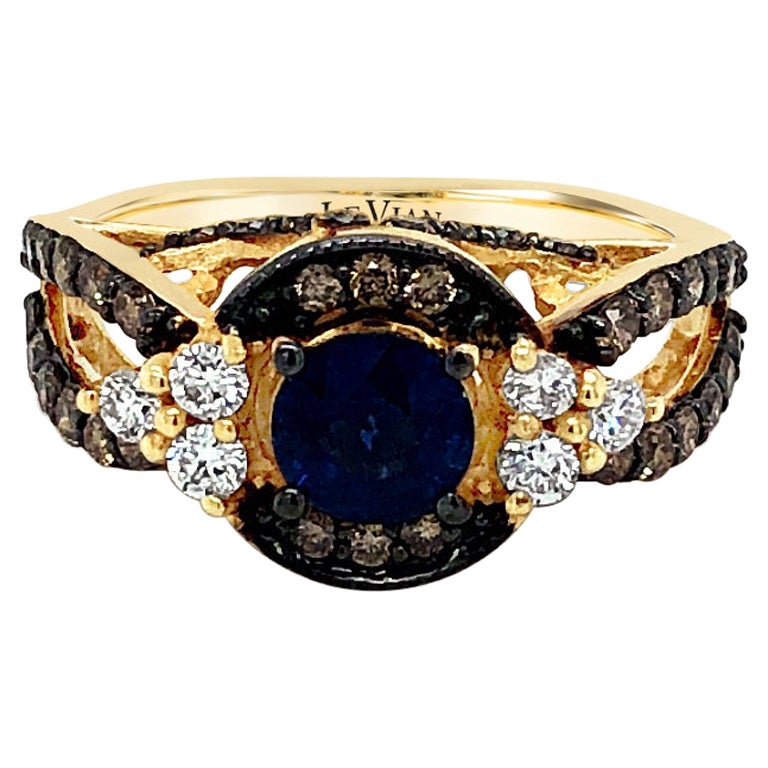 LeVian 14K Yellow Gold Blue Sapphire Round Chocolate Brown Diamond Halo Ring For Sale