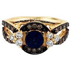 Halo-Ring, 14 Karat Gelbgold, blauer Saphir, runder schokoladenbrauner Diamant