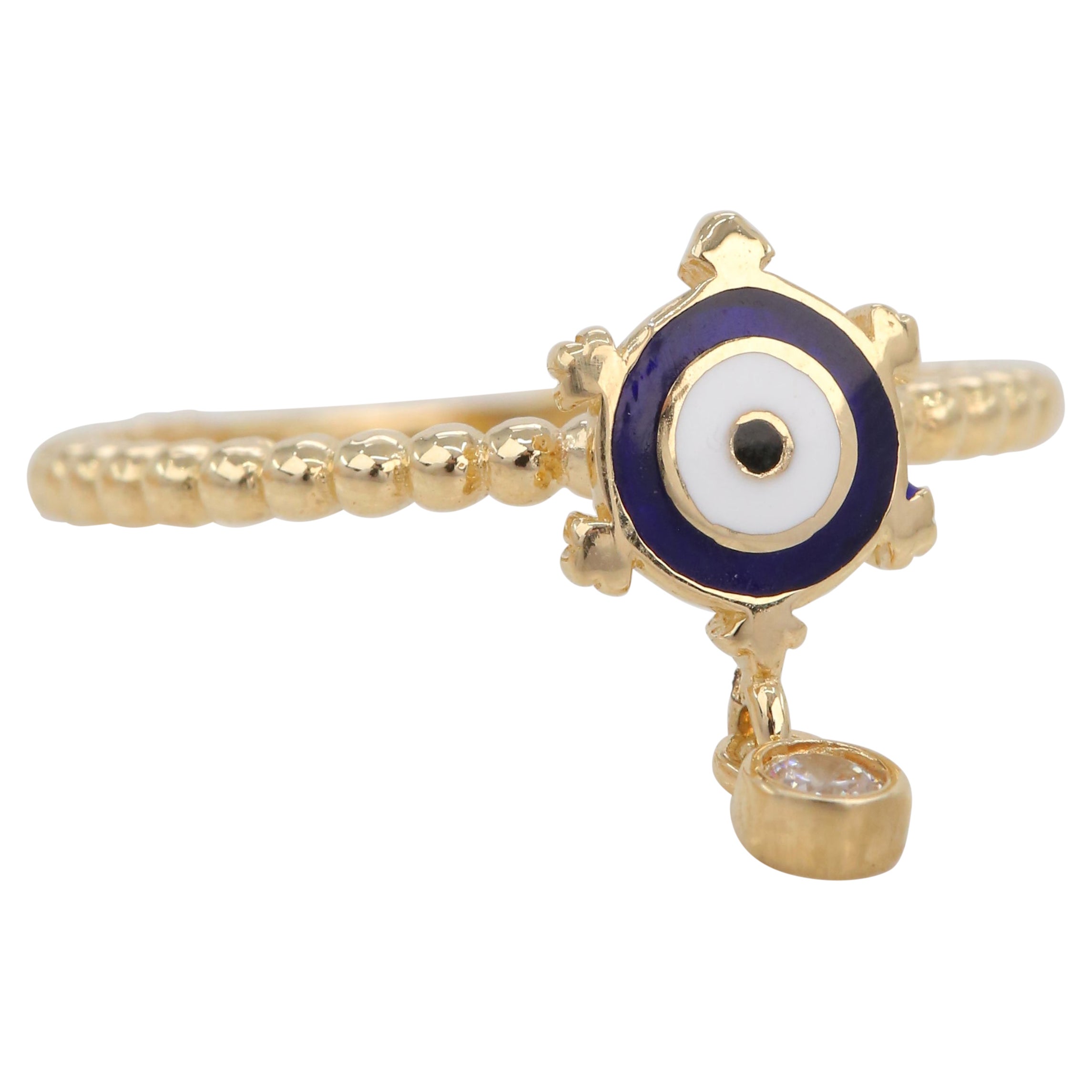 14K Gold Dainty Eye Enameled Rudder Ring with Pendant