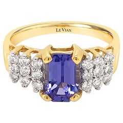 LeVian 14K Yellow Gold Blue Purple Tanzanite Round Diamond Classic Cocktail Ring
