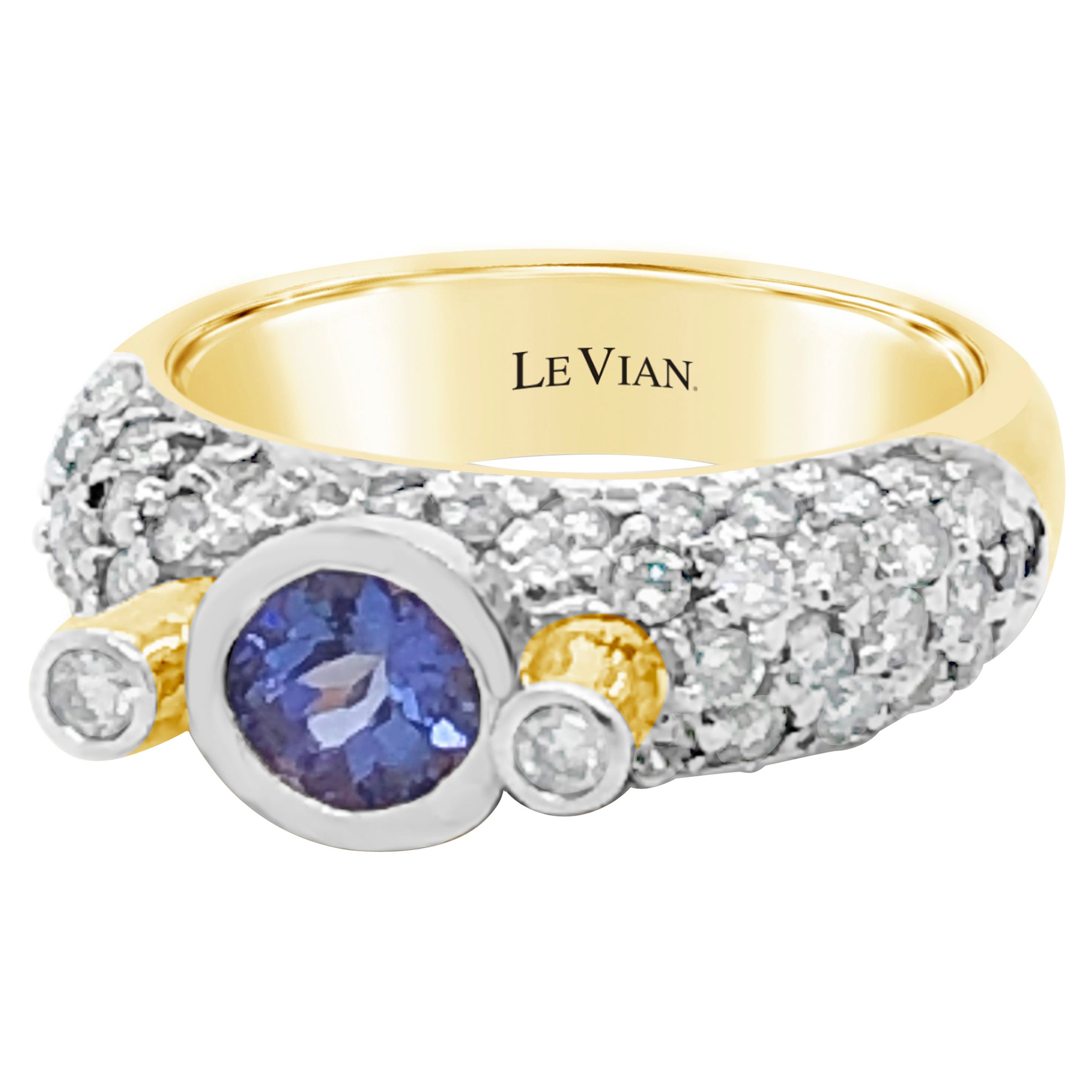 LeVian 14K Two Tone Gold Blue Purple Tanzanite Round Diamond Bezel Cocktail Ring