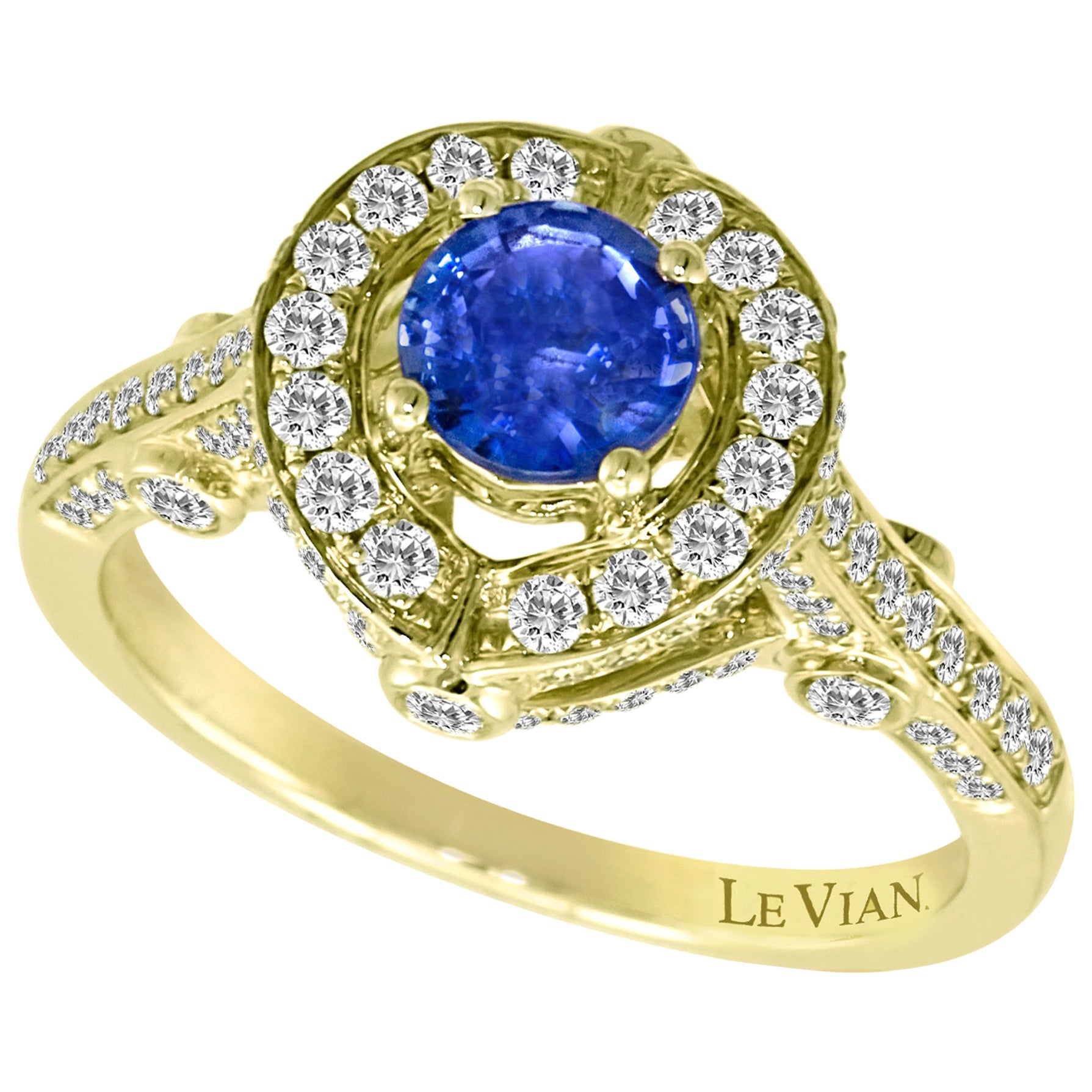 LeVian 18K Yellow Gold Blue Ceylon Sapphire Round Diamond Halo Cocktail Ring For Sale