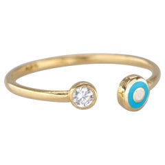 14K Gold Blue Round Circle Cuff Ring with Enamel