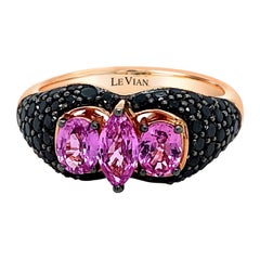LeVian 14K Rose Gold Pink Sapphire Round Black Diamond Tri-Stone Cocktail Ring
