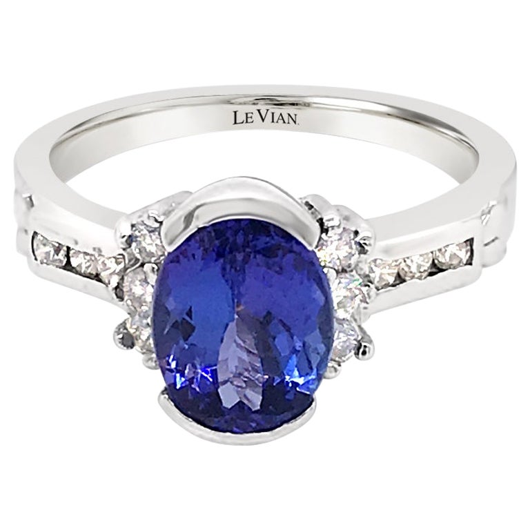 LeVian 14K White Gold Blue Purple Tanzanite Gemstone Round Diamond Cocktail Ring For Sale