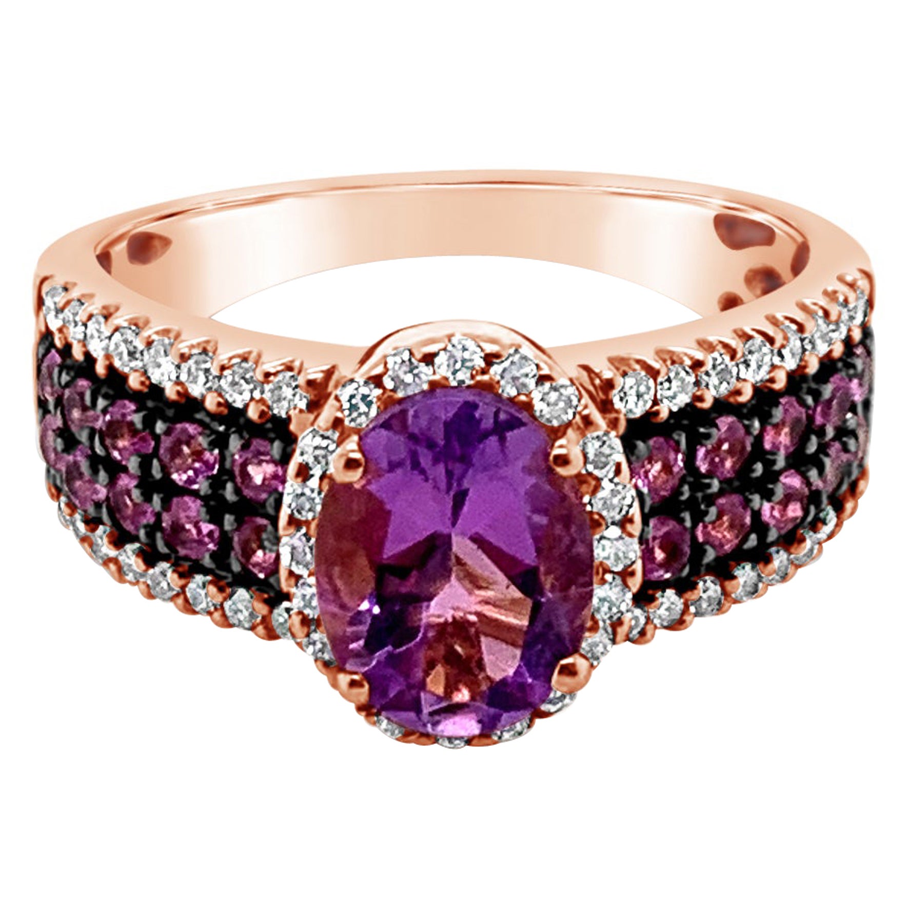 LeVian Ring Amethyst Bubble Gum Pink Sapphire Vanilla Diamonds 14K Rose Gold For Sale