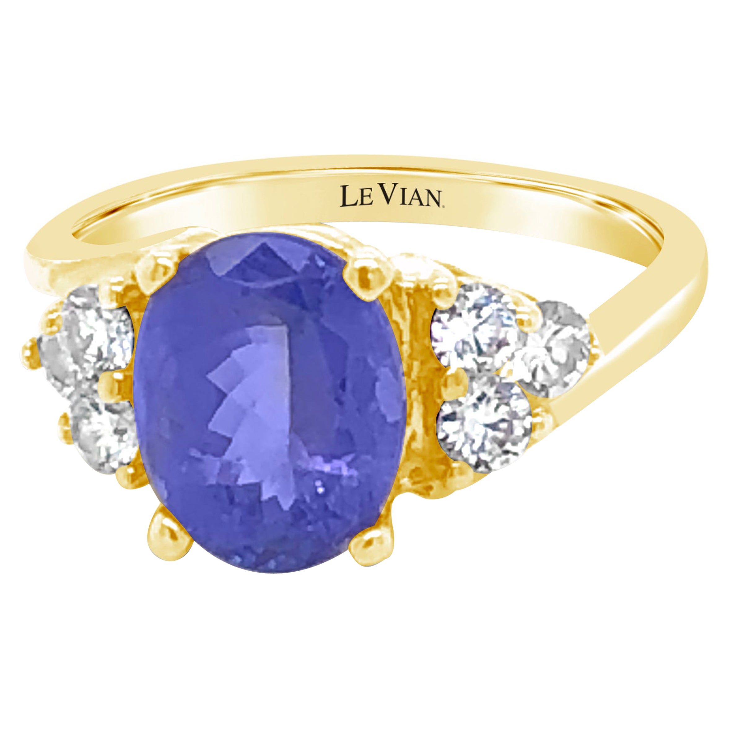 LeVian 14K Yellow Gold Blue Tanzanite Round Diamond Classic Pretty Cocktail Ring