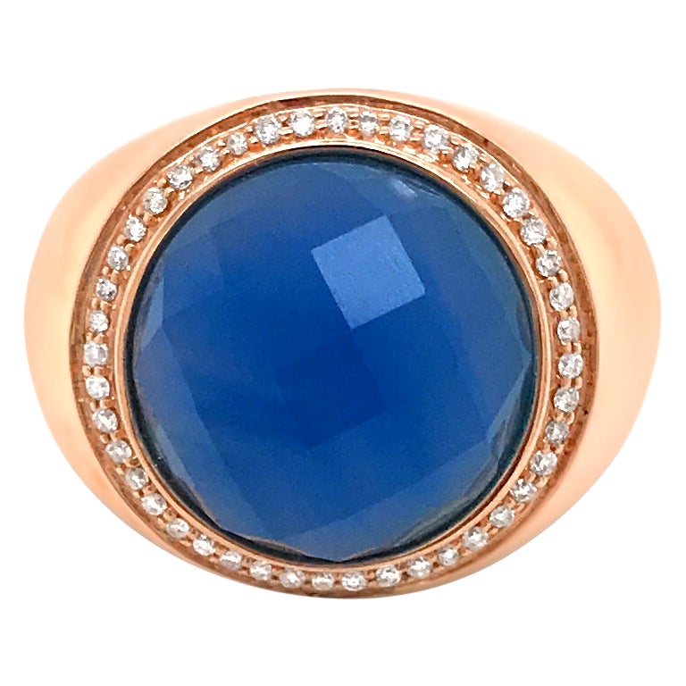LeVian 14K Rose Gold Sky Blue Agate Gemstone Round Diamond Halo Cocktail Ring For Sale