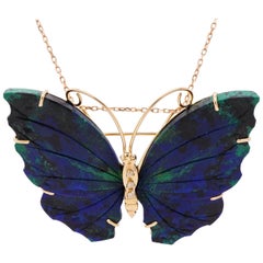 18K Blueberry Butterfly Brooch Handcrafted with 1 Carat Azurite Malachite