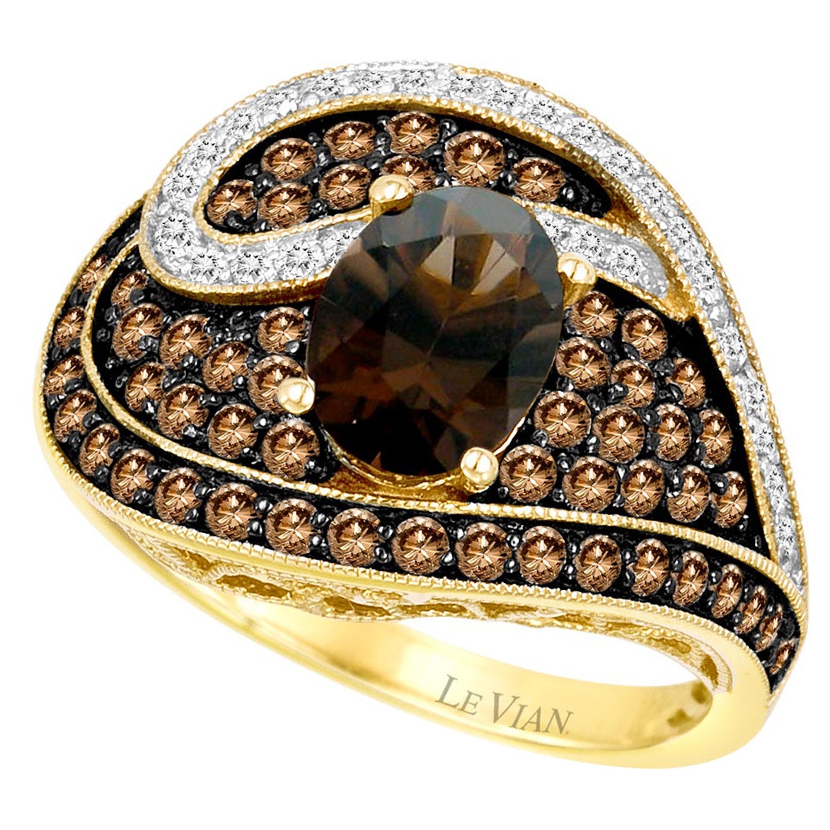 LeVian Ring Smoky Quartz Chocolate Diamonds Vanilla Diamonds 14K Honey Gold For Sale