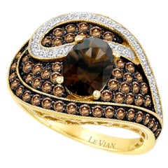 LeVian Ring Smoky Quartz Chocolate Diamonds Vanilla Diamonds 14K Honey Gold