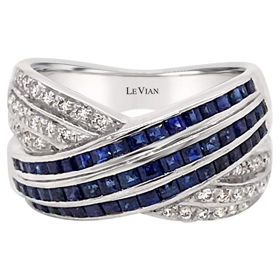 LeVian 18K White Gold Blue Sapphire Gemstone Round Diamond Classic Cocktail Ring