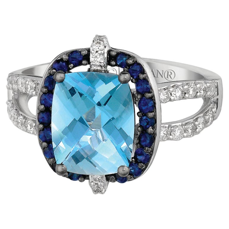 LeVian 14K White Gold Blue Topaz Sapphire Round Diamond Fancy Cocktail Halo Ring For Sale