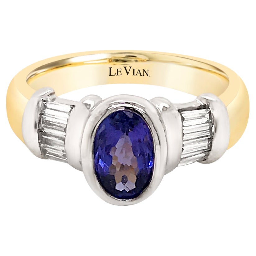 LeVian 18K Two Tone Gold Blue Purple Oval Tanzanite Baguette Diamond Classy Ring For Sale