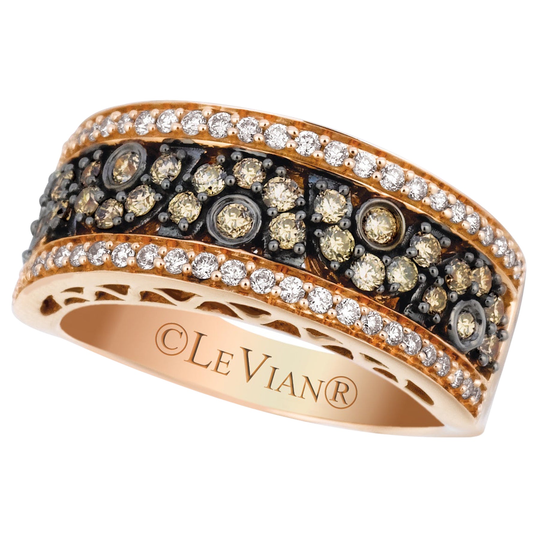 LeVian 14K Rose Gold Round Chocolate Brown Diamond Multi Row Cocktail Band Ring For Sale