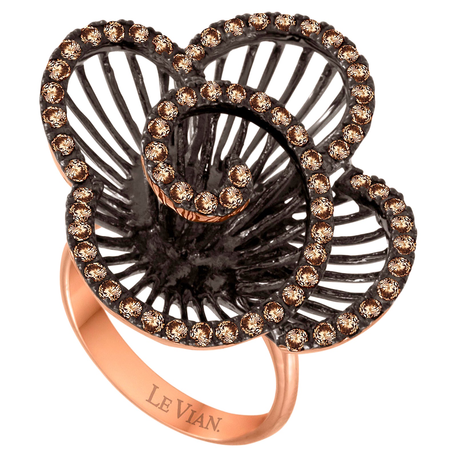 LeVian 14K Rose Gold Round Chocolate Brown Diamonds Beautiful Pretty Flower Ring For Sale