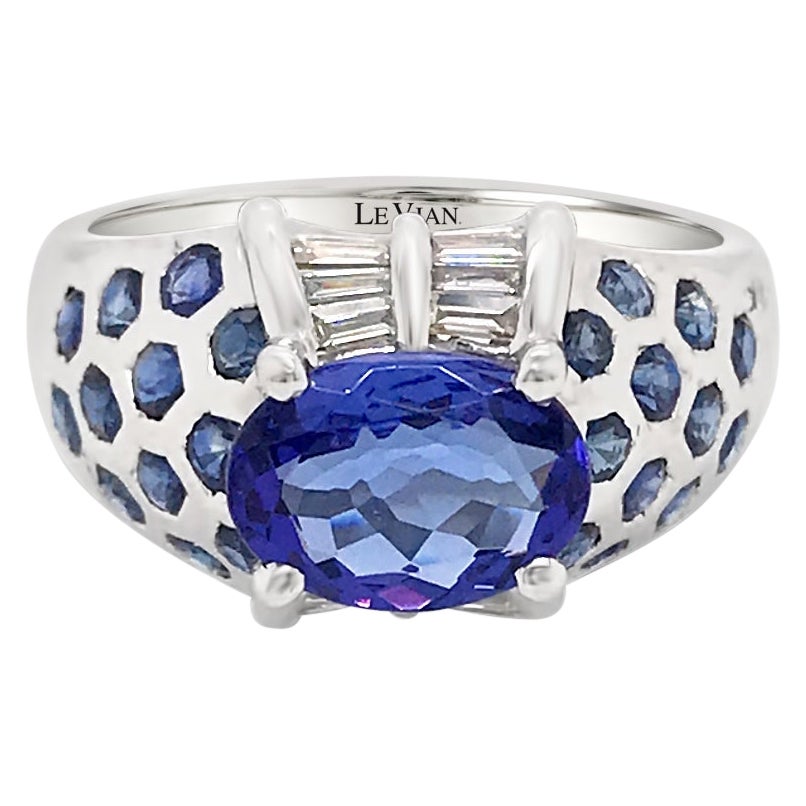 LeVian 18K White Gold Purple Blue Tanzanite Sapphire Round Diamond Cocktail Ring For Sale