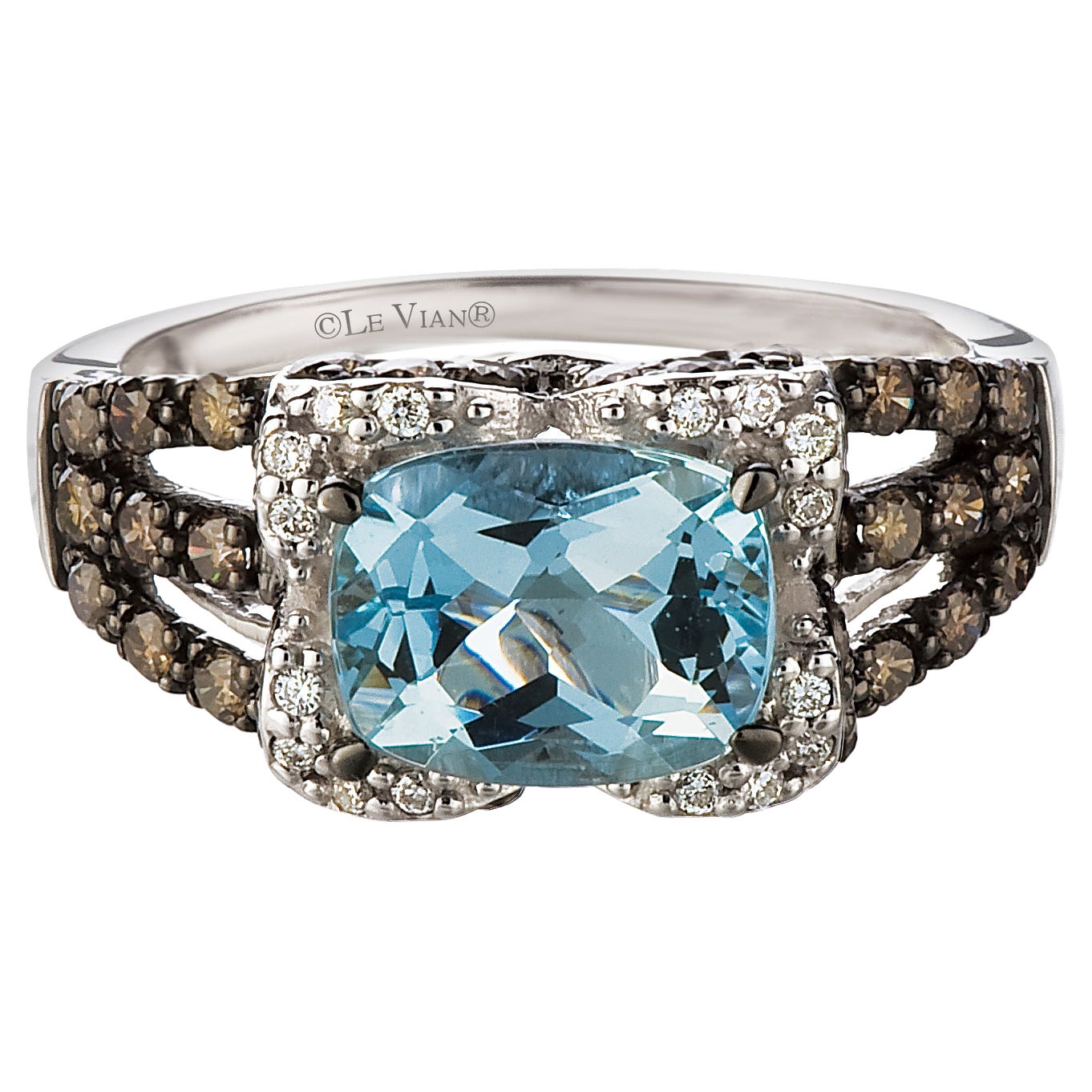 LeVian 14K White Gold Aquamarine Round Chocolate Brown Diamonds Classy Halo Ring For Sale