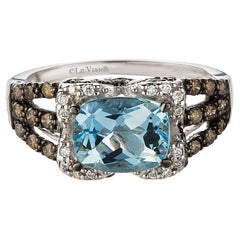 Classy Halo-Ring, 14 Karat Weißgold, Aquamarin, runde schokoladenbraune Diamanten