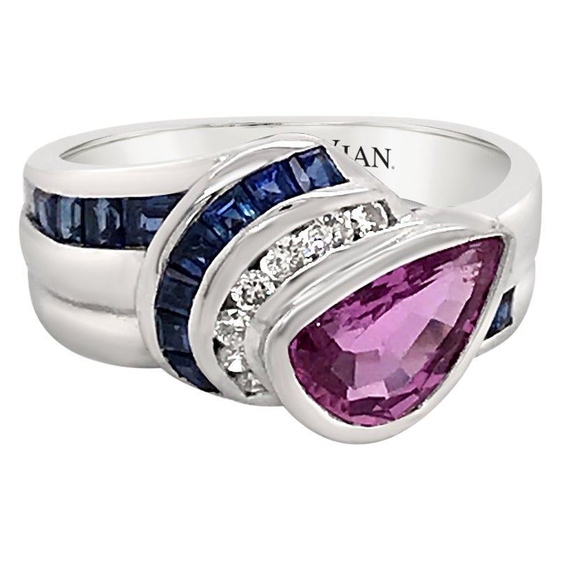 LeVian 18K White Gold Pink Sapphire Gemstone Round Diamond Classy Cocktail Ring