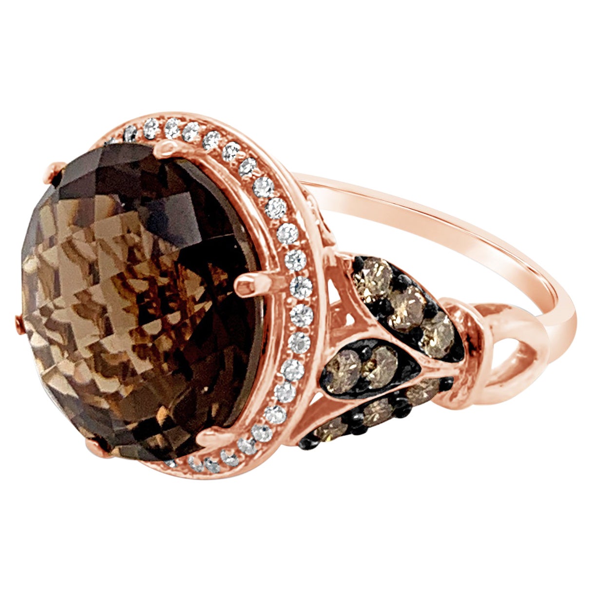 LeVian 14K Rose Gold Smoky Quartz Round Chocolate Brown Diamond Classy Halo Ring For Sale