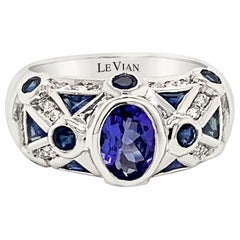 LeVian 18K White Gold Blue Tanzanite Sapphire Round Diamond Cocktail Bezel Ring