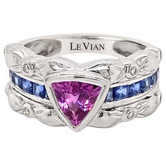 LeVian 18K White Gold Pink Sapphire Round Diamond Classy Cocktail Bezel Ring