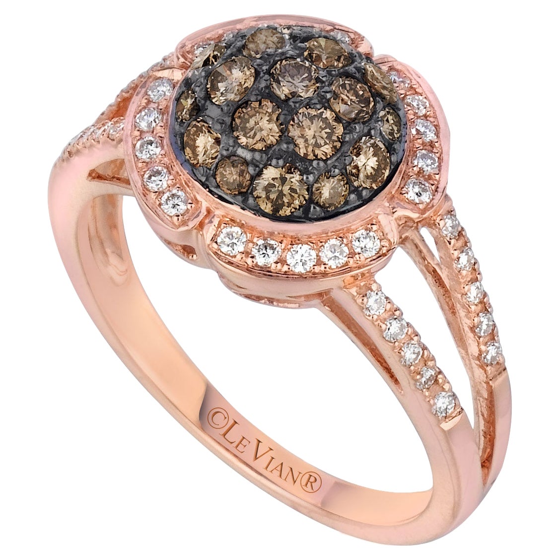 LeVian 14K Rose Gold Chocolate Brown Round Diamond Split Shank Cluster Halo Ring For Sale