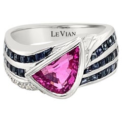 LeVian 18K White Gold Pink Sapphire Gemstone Round Diamond Cocktail Bezel Ring