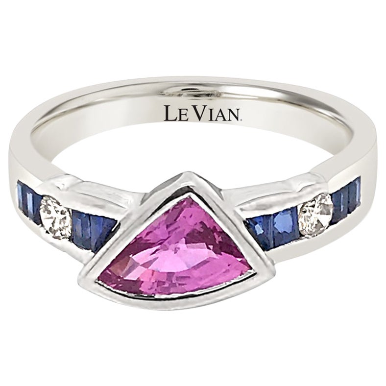LeVian 18K White Gold Pink Sapphire Gemstone Round Diamond Classic Cocktail Ring For Sale