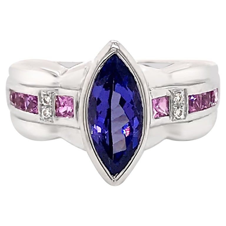 LeVian 18K White Gold Blue Tanzanite Pink Sapphire Diamond Accent Cocktail Ring For Sale