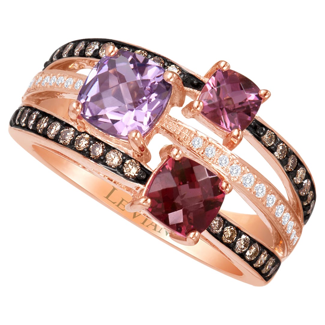 LeVian Ring Amethyst Rhodolite Tourmaline Brown & White Diamonds 14K Rose Gold