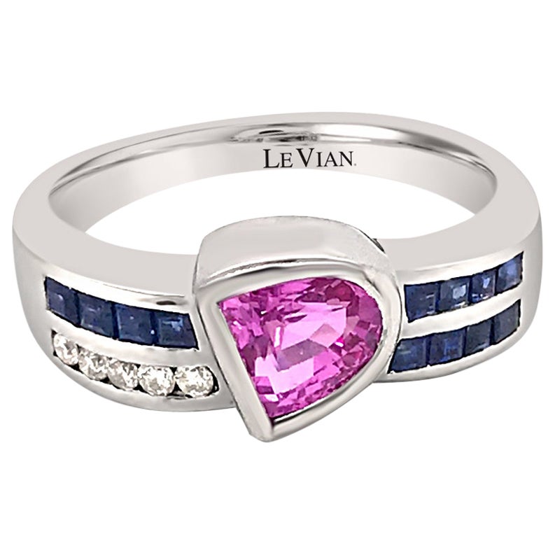 LeVian Anillo de Cóctel de Oro Blanco de 18 K Zafiro Azul y Rosa Redondo con Bisel de Diamantes